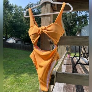Influencers💛 Hi-Waisted Sunshine Yellow Swimsuit Belly Cutout Bow detail